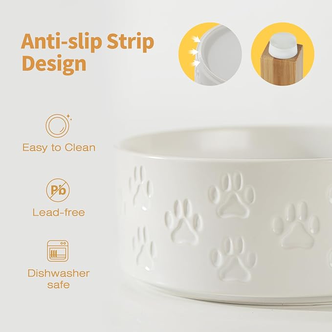 Elevated Ceramic Dog Bowls, 7.3" Dog Dishes with Stand, 5 Cup Elevated Food & Water Bowls for Medium Sized Dogs, Microwave Safe (Double Bowls + Stand - White, 7.3 inch)