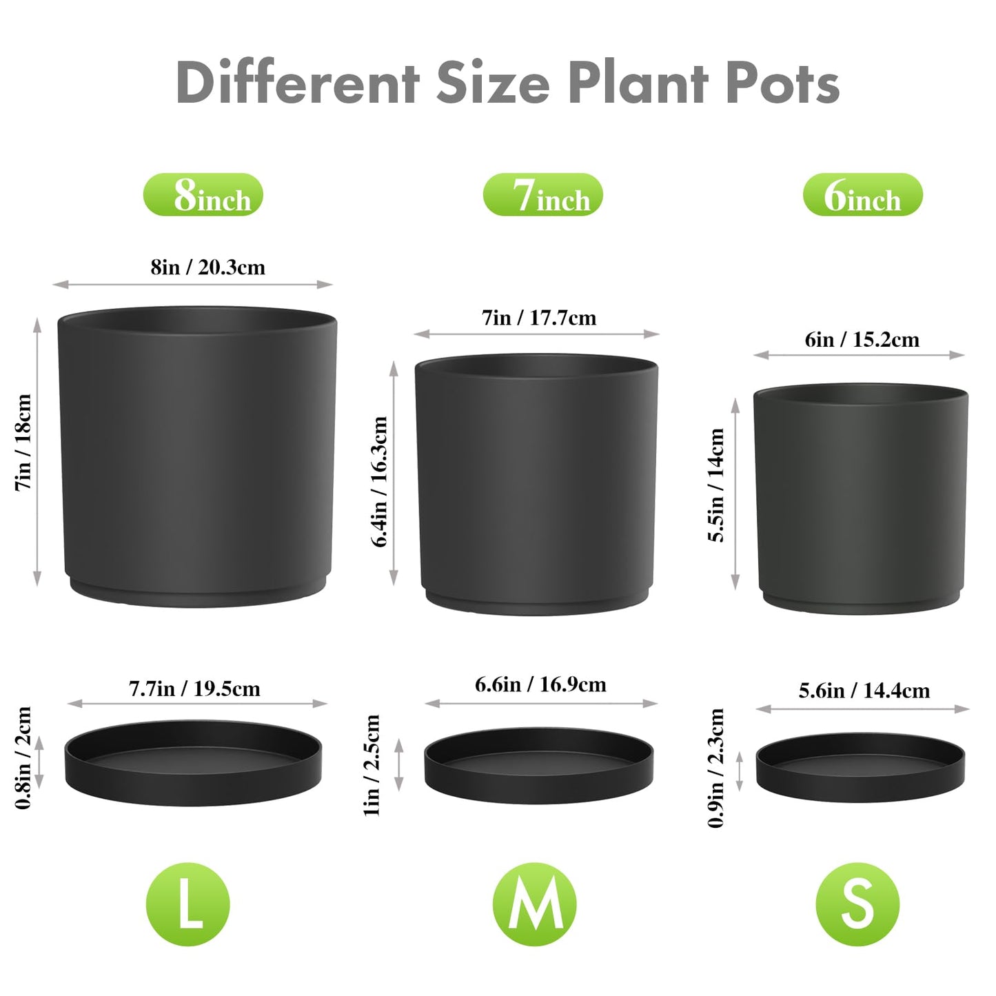 Meowell 8/7/6 inch Plant Pots, 3 Set Cylinder Flower Pots for Outdoor Indoor Plants, Decorative Plastic Planters with Drainage Holes and Saucers for Garden House Plants, Black