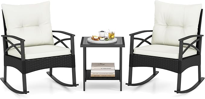 Tangkula 3 Pieces Outdoor Rocking Chairs Set, Rattan Heavy Duty Cushioned