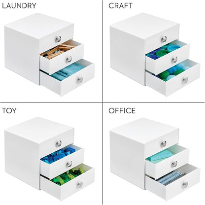 iDesign 3-Drawer Plastic Vanity Organizer, Compact Storage Organization Drawers Set for Cosmetics, Dental Supplies, Hair Care, Bathroom, Dorm, Desk, Countertop, Office, 6.5" x 6.5" x 6.5", White | Bathroom Storage, Vanity Storage