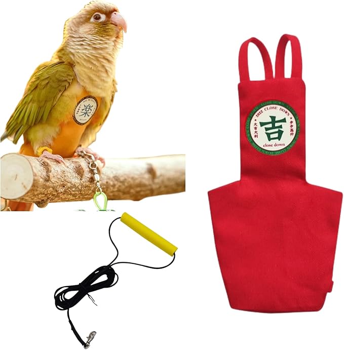 MANON ROSA Bird Diapers Leash Set Washable Reusable Handmade Flight Suit Waterproof Inner Layer - Protective Parrot Nappy Clothes Parakeets Macaws Budgies Canaries (Red4,Magpie)