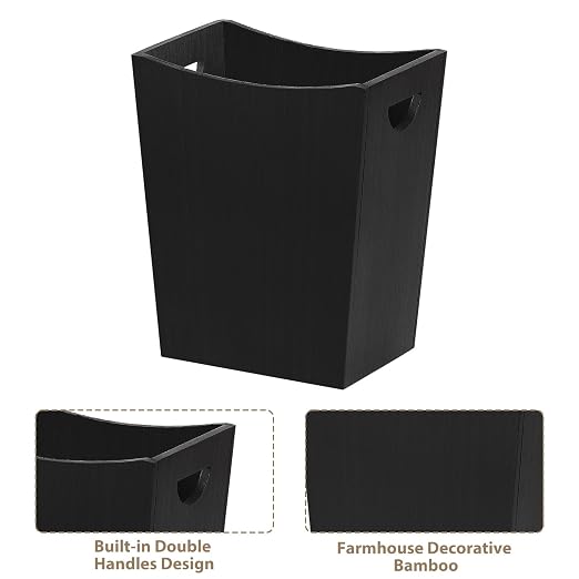 SEHERTIWY Wood Trash Can, Farmhouse Wastebasket Bin for Bathroom, Office, Bedroom, Living Room, Small Square Rustic Garbage Container (Wood-Black)
