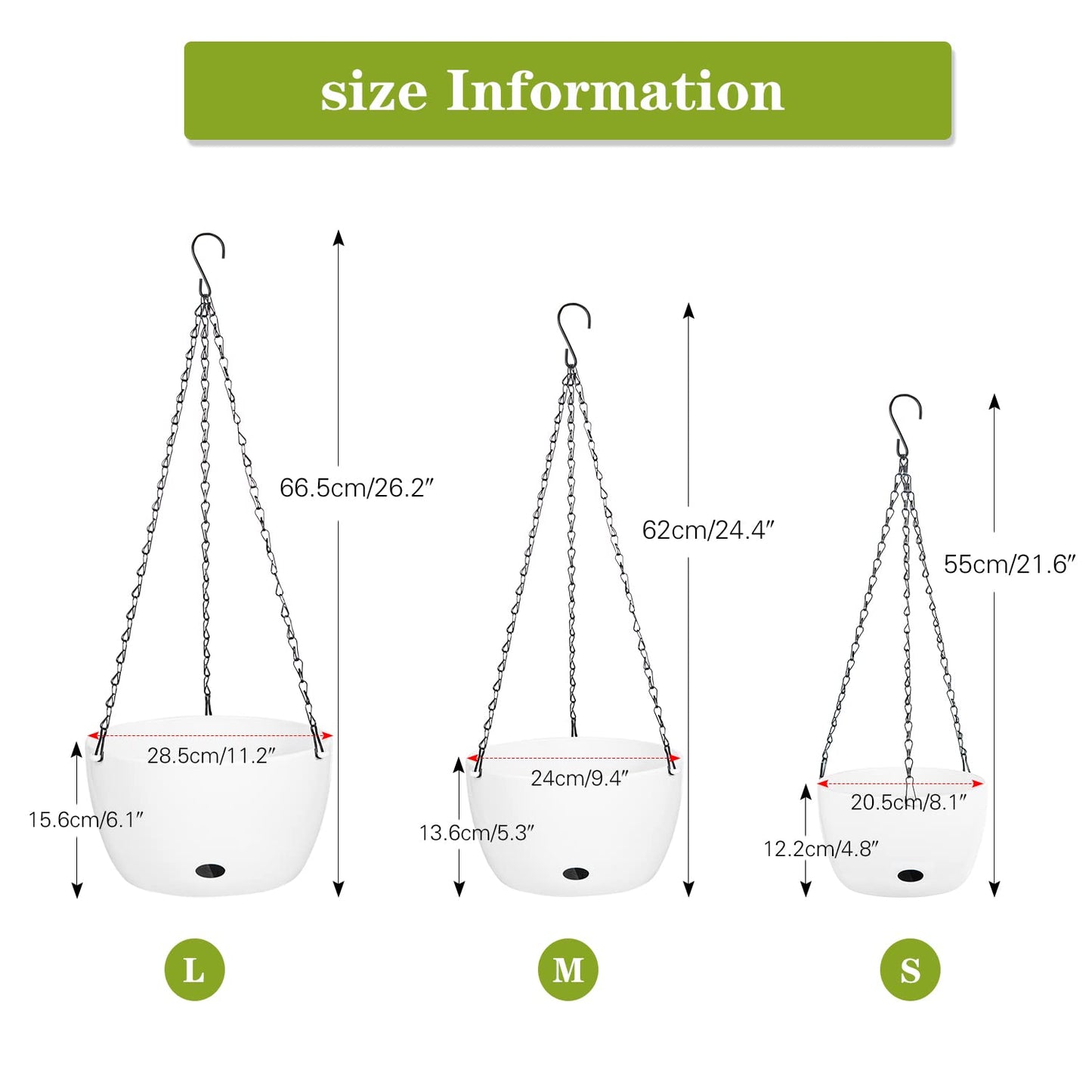 Sungmor Self Watering Hanging Planter for Indoor Plants, 9.4" & 11.2" 2-PACK Large White Plastic Hanging Basket, Garden Flower Pots with Hanging & Standing Design, Thickened Sturdy Drainage Plant Pots
