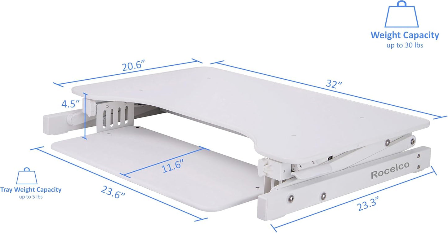 Rocelco 32" Height Adjustable Standing Desk Converter with Anti Fatigue Mat BUNDLE | Sit Stand Up Dual Monitor Riser | Computer Workstation | Large Retractable Keyboard Tray | White (R ADRW-MAFM)