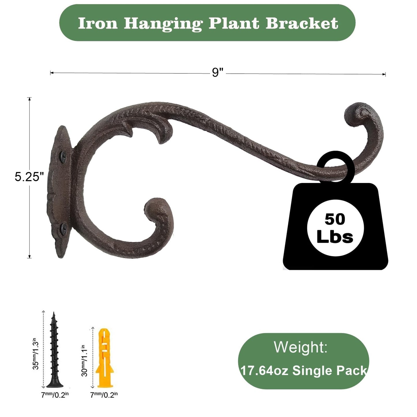 Z metnal Cast Iron Plant Hanger - 9 inch Rustic Wall Mounted Hanging Basket Holder for Indoor/Outdoor Garden, Patio, Porch Decor - Heavy Duty Metal Hook Bracket, Double Hook,