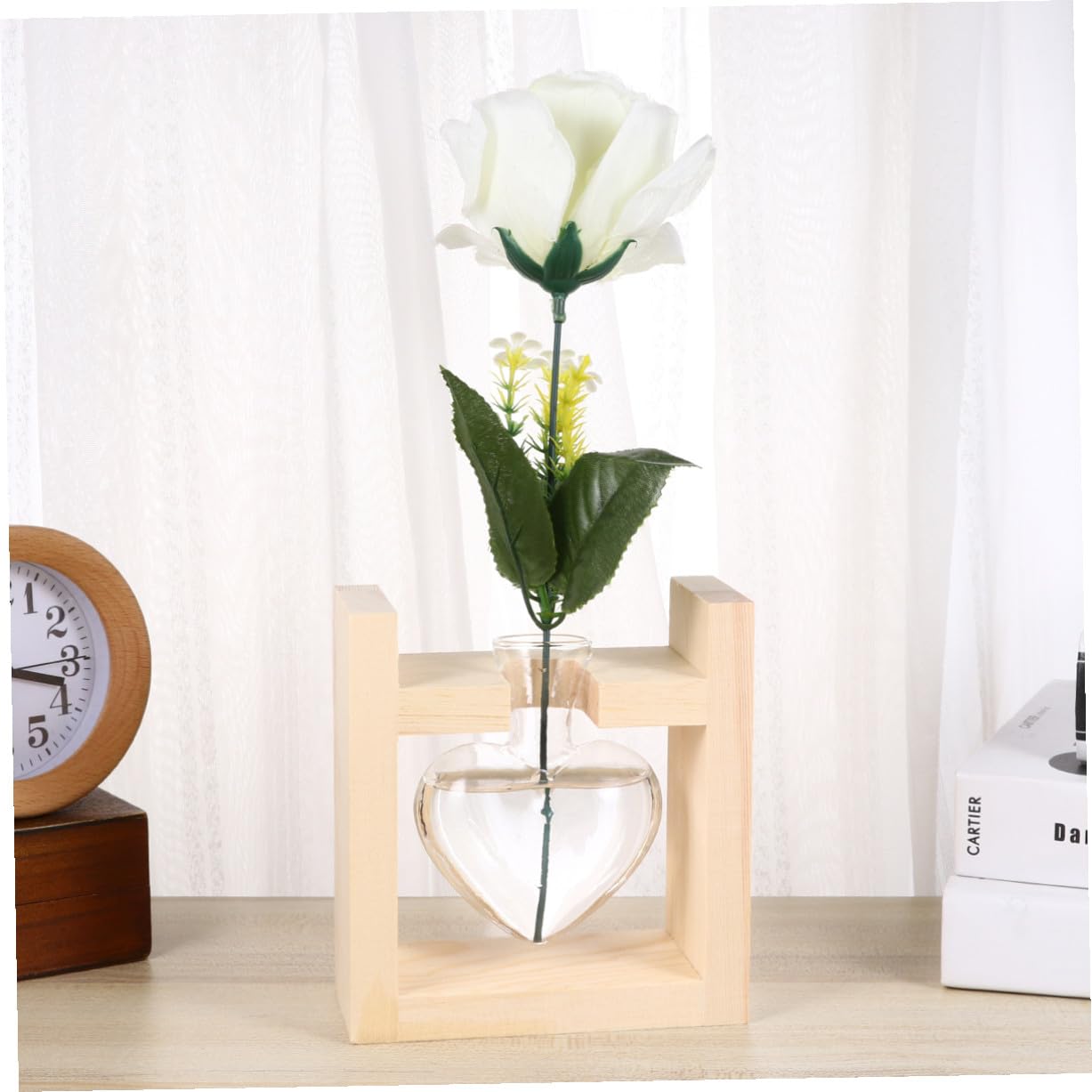 CONGARTENO Heart Vase Hydroponics Planter with Wooden Rack Glass Flower Container for Indoor Greenery Temperature-Resistant Glass Terrarium for Tulips Roses and Branches Decorative Plant