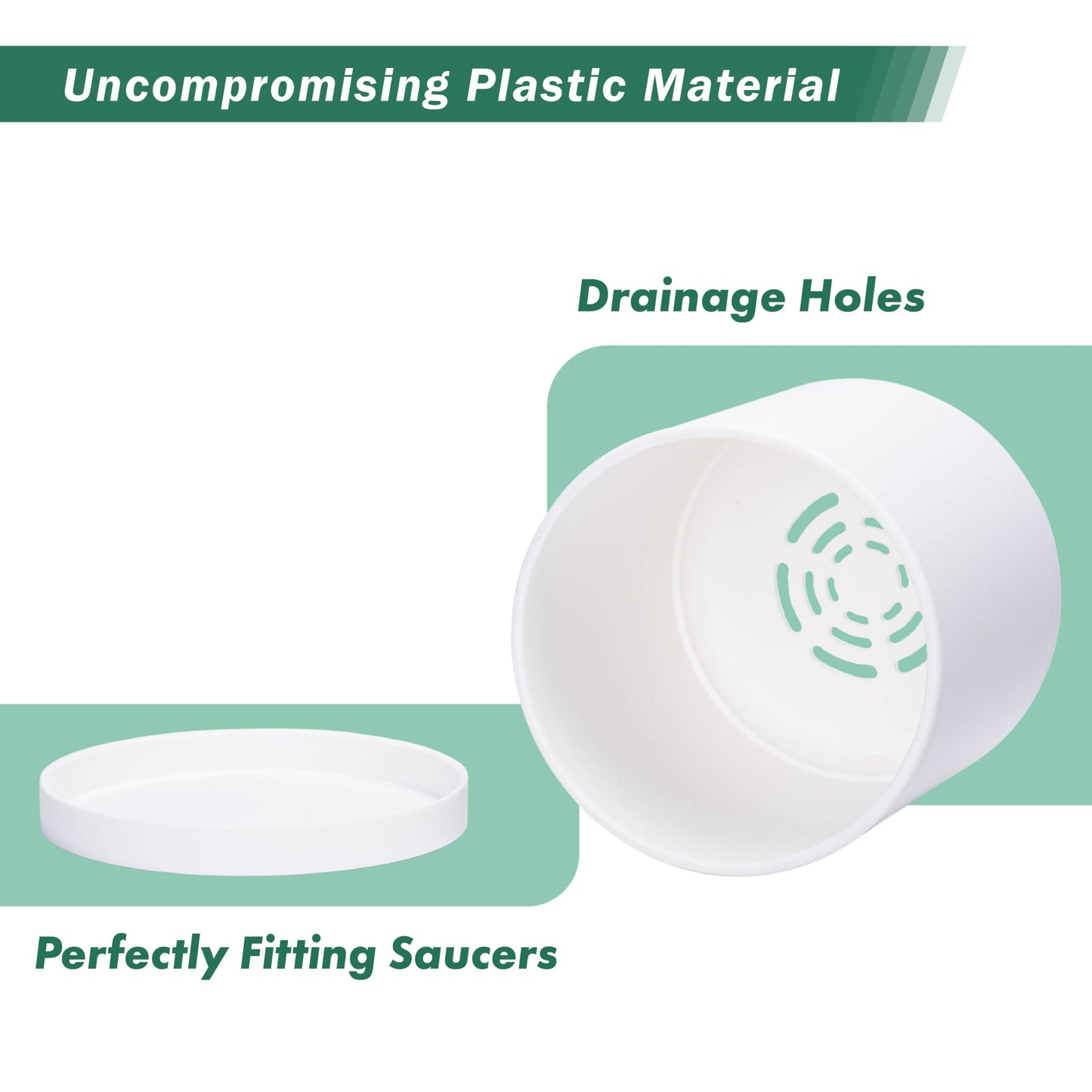 D'vine Dev 4 Pack 6 Inch Modern Plastic Plant Pots, Small Garden Planters for Plant with Drainage Holes and Saucers, White Color, 74-Z-J-2