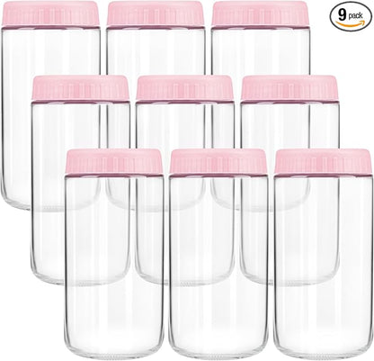 Overnight Oats Containers with Lids, 24oz Wide Mouth Mason Jars with Lids, 9 Pack Glass Jars with Airtight lid for Chia Pudding Yogurt Salad, Meal Prer Oatmeal Jars, Pink