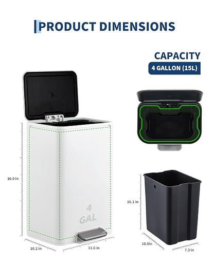 4 Gallon/15 Liter Trash Can, Stainless Steel Step Garbage Can with Quiet Soft-Close Lid, Foot Pedal & Removable Inner Bucket, Rectangular Trash Bin for for Living Room Home Office, White