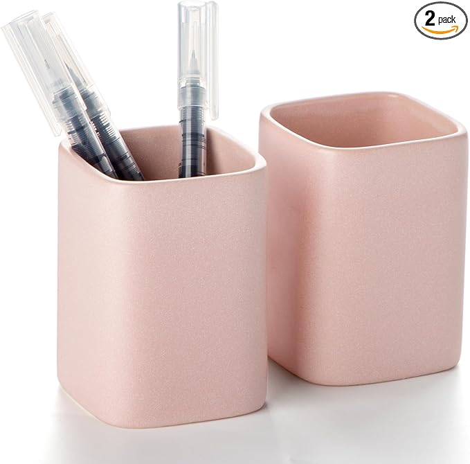 Viosuniu Pen Holder, 2 Pack Pencil Holder for Desk,Ceramic Pencil Cup Desk Organizer, Makeup Brush Holder Cute, Stationery Accessories for Office, School, Home (Matte pink)