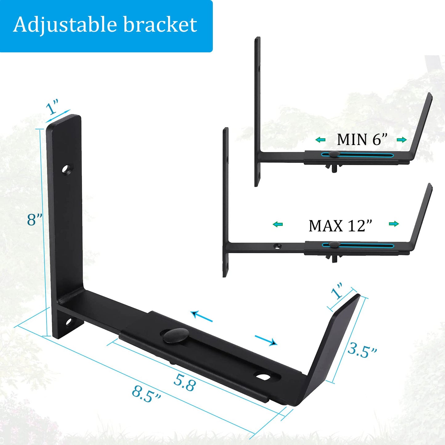 Verypejan Flower Window Box Bracket Adjustable Planter Box Bracket 4 Pack,Heavy Duty Wall Mount Flower Box Holder for Planter Box Depth (Front to Back) 6 to 12 Inches, Black