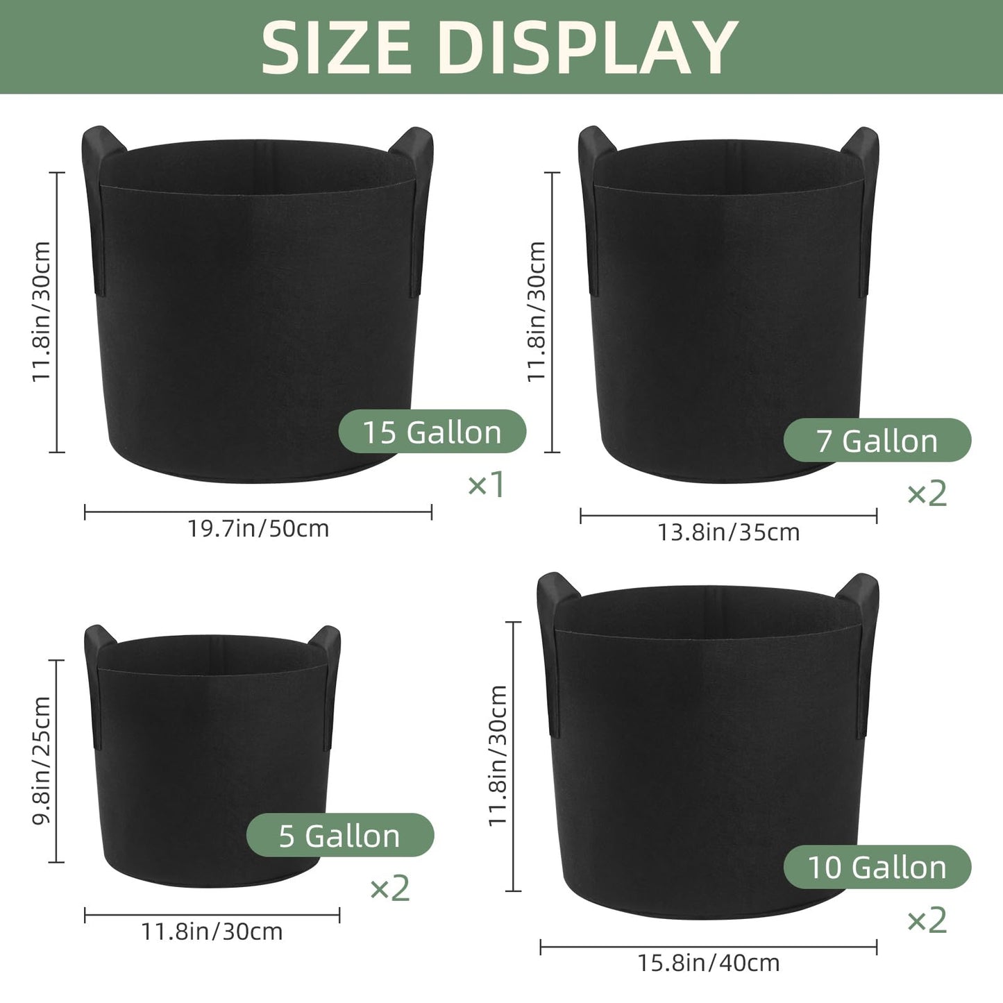 LITLANDSTAR 7 Pack Black Grow Bags, Thickened Nonwoven Plant Fabric Pots with 4 Sizes - 5/7/10/15 Gallon Aeration Planting Bags for Potato Tomato Carrot Strawberry