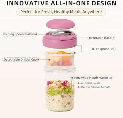 UWILLION 4 Pack Overnight Oats Containers with Handles, 16 oz Glass Mason Jars with Lids, Folding Spoons & Topping Compartments, Yogurt Parfait Cups for Weekly Meal Prep, Chia Pudding & Snacks