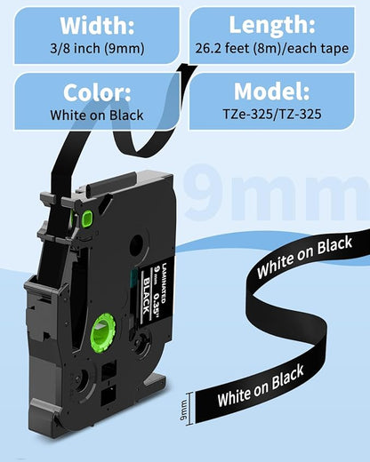 9mm Label Maker Tape White on Black Replacement for Brother P Touch TZe TZ Label Tape 9mm 0.35" Laminated, Compatible with PT-D210 PT-D220 PT-H110 PT-D410 PT-D610BT, 3/8 in x 26.2 ft, 2-Pack