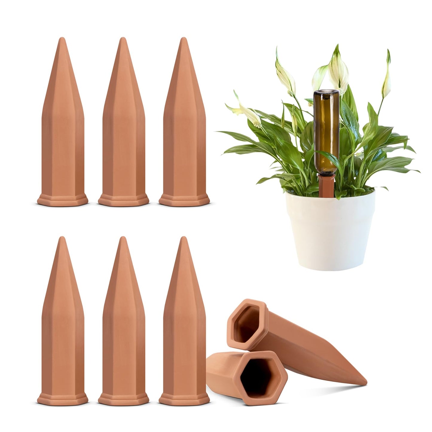 VIVOSUN 6-Pack Self-Watering Spikes, Hexagonal Terracotta Watering Stakes, Auto-Water Device, Planter Insert for Indoor & Outdoor Potted Plants