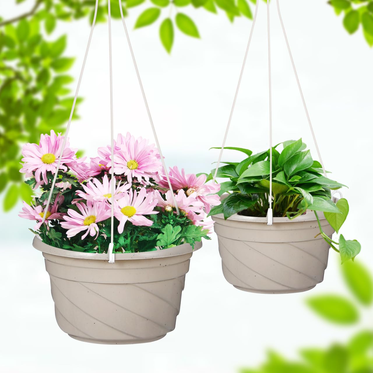 VOSAREA 4pcs Plastic Hanging Planters Hanging Plant Containers with Drainage Holes and Hooks for Outdoor Indoor Plant Garden