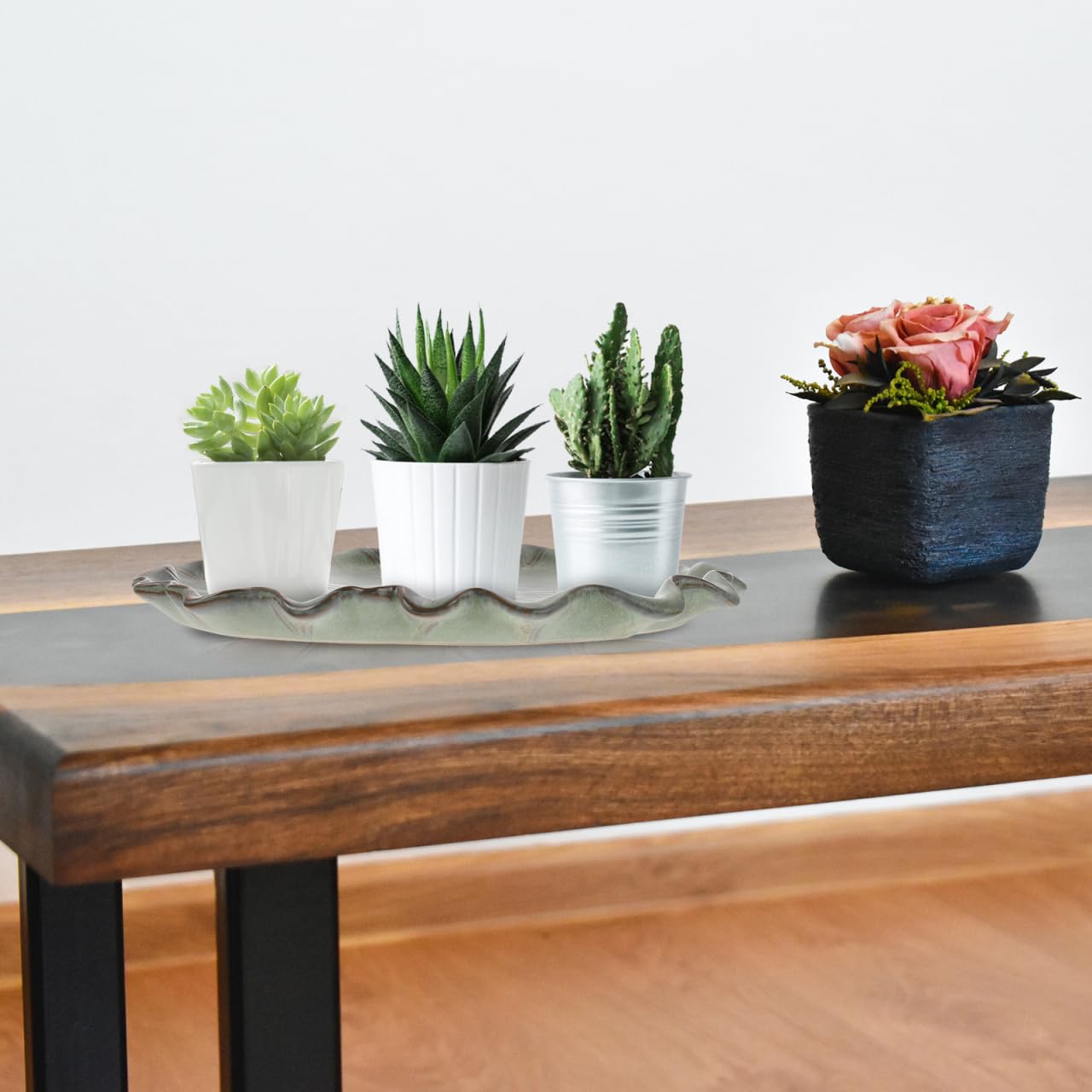 Yardwe Lotus Leaf Ceramic Plant Saucer Tray 9.44 Inch Bonsai Pot Base for Indoor Outdoor Succulent Planters Balcony Garden Protection