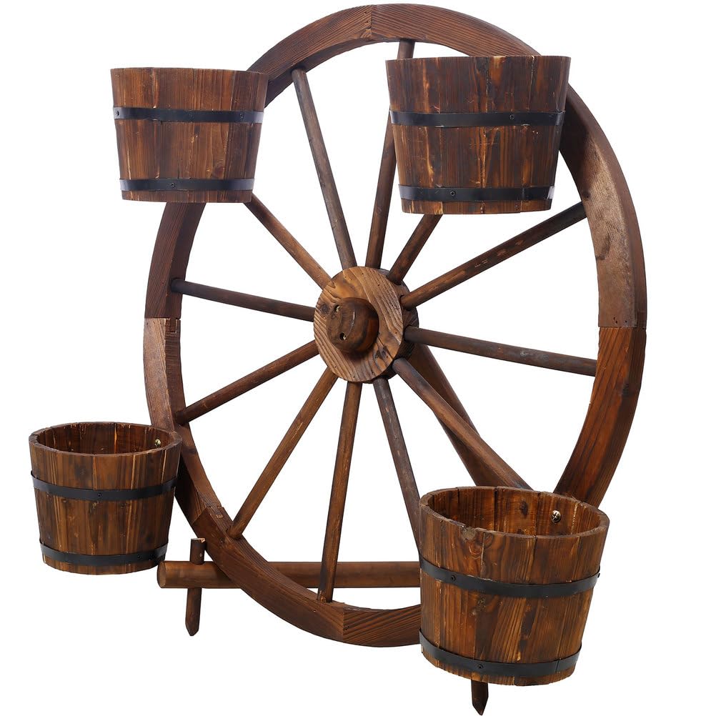 CWKISS Rustic Wooden Wagon Wheel Barrel Planter – Fir Wood Outdoor & Indoor Garden Cart Planter with 4 Metal-Banded Barrels, Decorative Flower Display for Patio, Porch, Yard, or Home