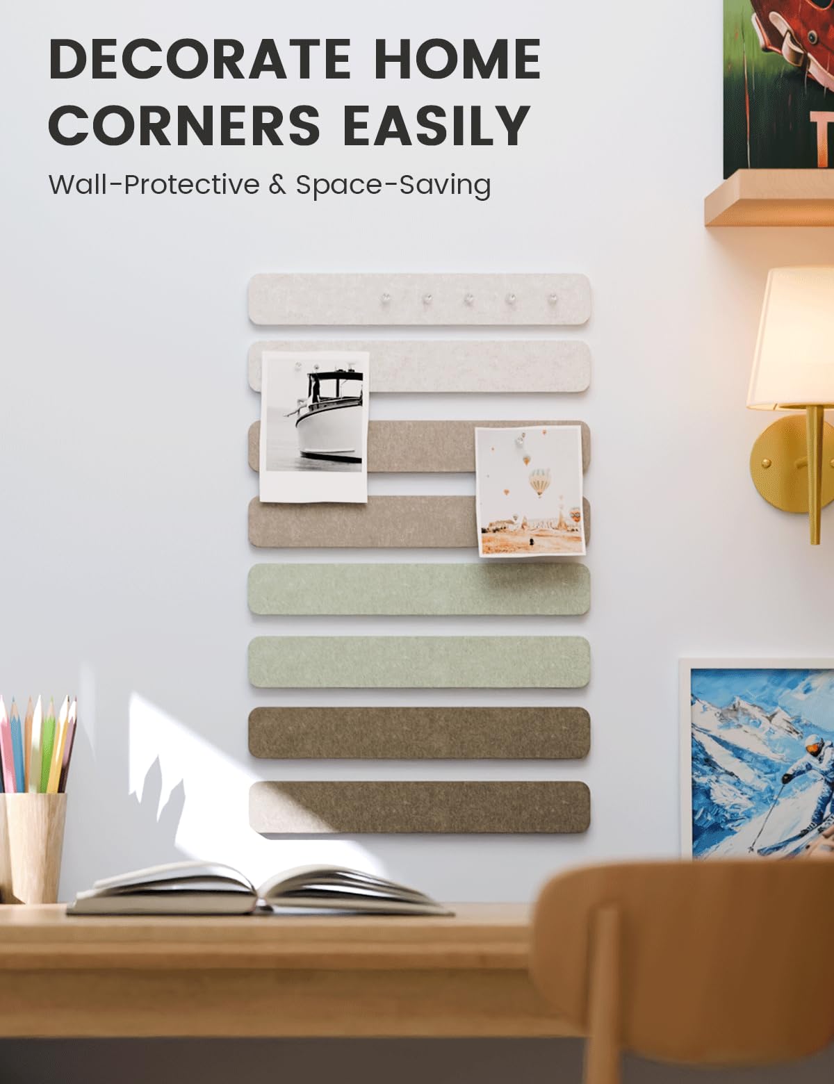 Fluxynara Cork Board Alternative Felt Strip Board 8-Pack 13"x2", Office Pin Board with 50 Push Pins, Adhesive Install for Bedroom Door & Home Office (Linen Dusk)
