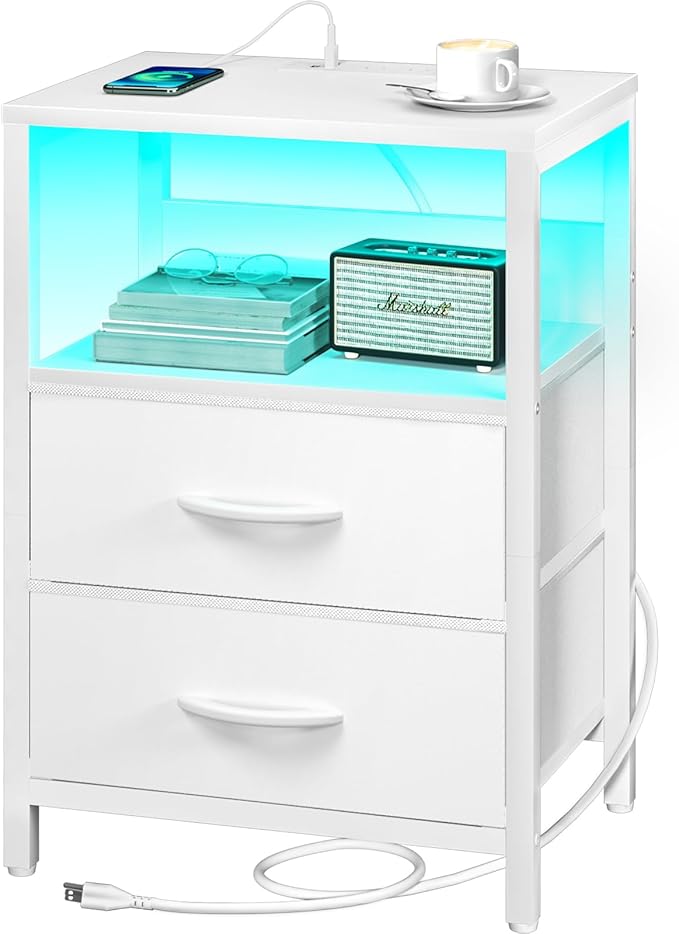 Yoobure Nightstand with Charging Station, LED Night Stand with Fabric Drawers