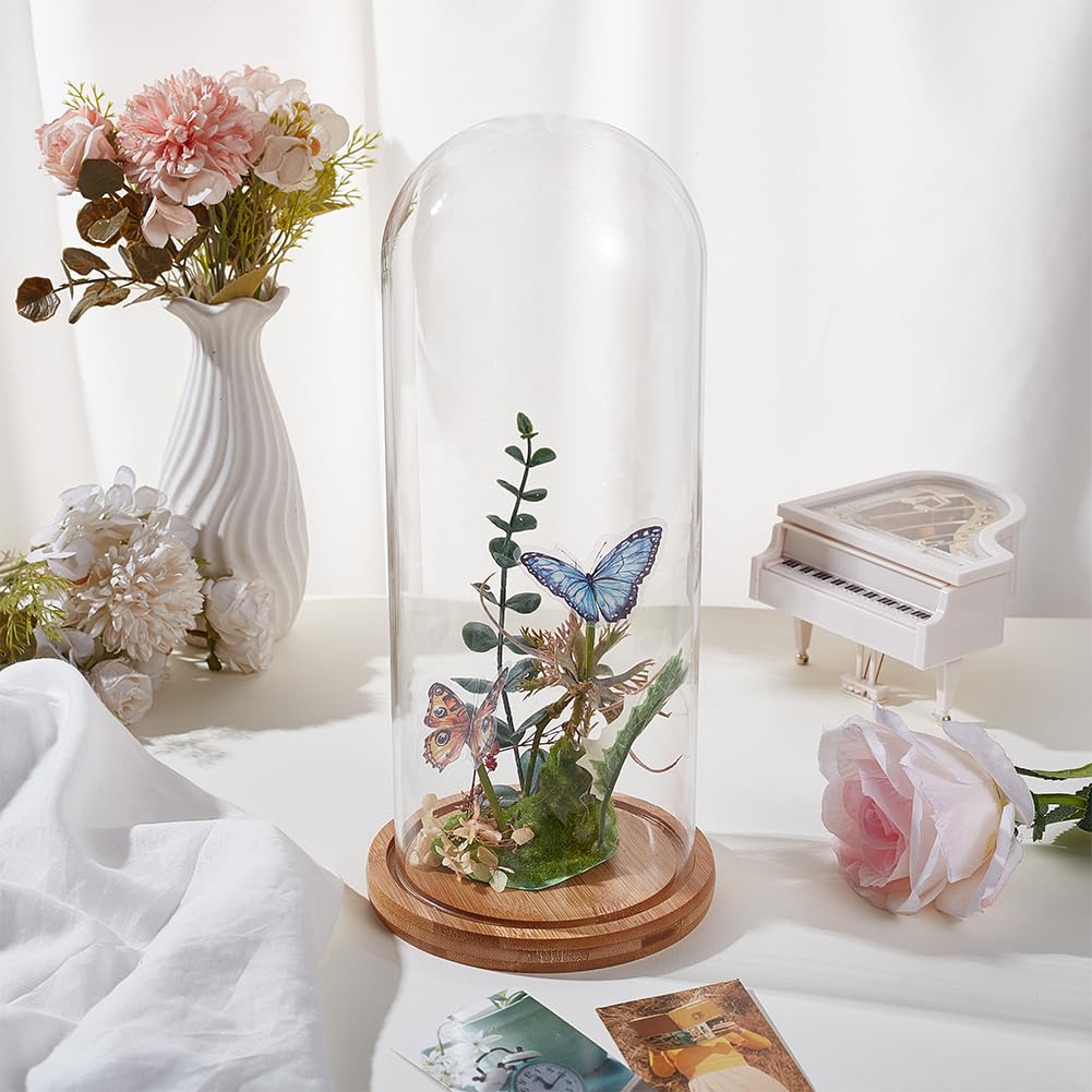 BENECREAT 4.6x12inch Eternal Transparent Flower Glass Cover, Glass Display Dome Cloche Jar with Sandy Brown Solid Wood Base for DIY Flower Craft