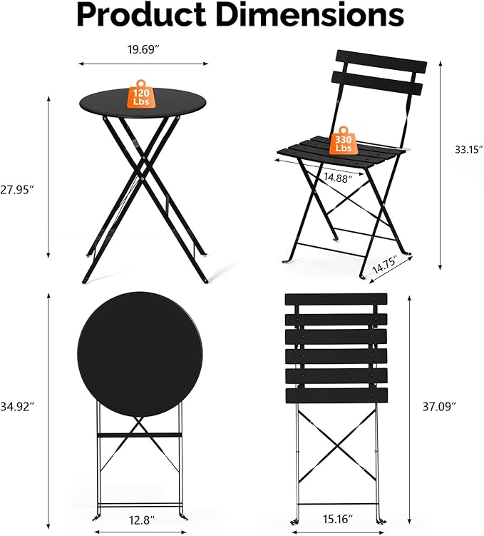 VINGLI Outdoor Folding Bistro Table and Chairs Set of 2, 3-Piece Bistro Set