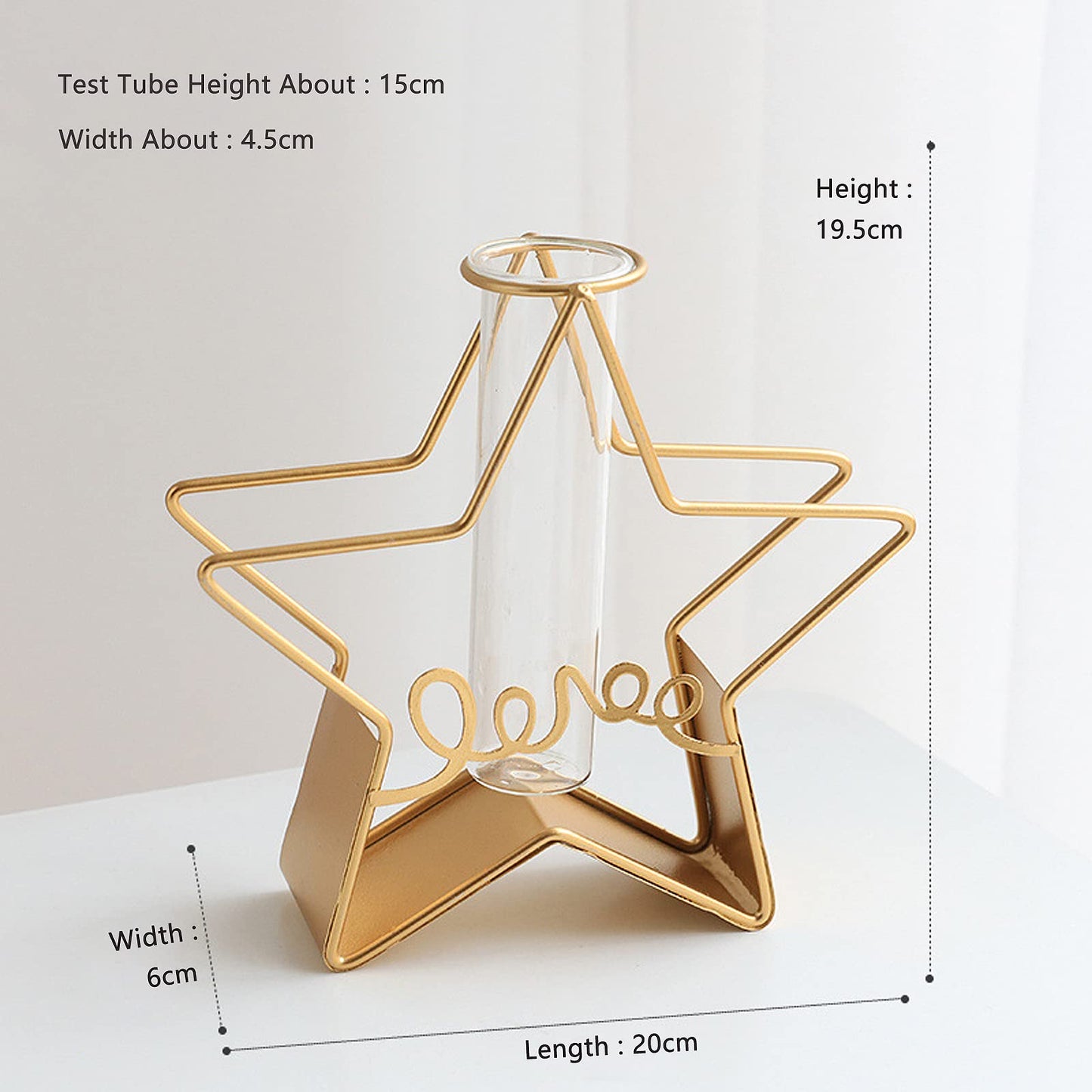 Glass Flower Vase with Metal Frame,Modern Creative Geometric Clear Vase for Flower Centerpieces Decorative,Desktop Hydroponics Vase Plant Terrarium for Home Office Decoration (Gold Star-Love)