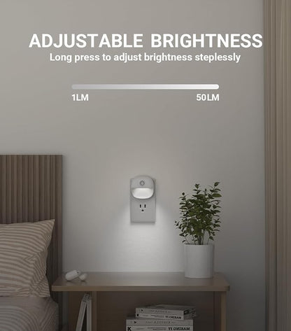 Lyridz Plug in Night Light with Motion Sensor and Dusk to Dawn Sensor, Dimmable Cool White Nightlight with 1-50lm Adjustable Brightness for Bedroom, Bathroom, Stairs, Hallway, 4 Pack