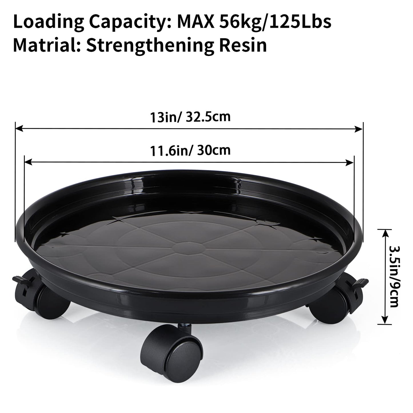 Skelang 13" Plant Caddy, Movable Plant Stand Pot Saucer, Plant Pallet Tray Trolley with Casters, Plant Dolly for Garden Planter, Deck Potted Plant, Each Load Capacity 125 Lbs, Pack of 2 (Black)