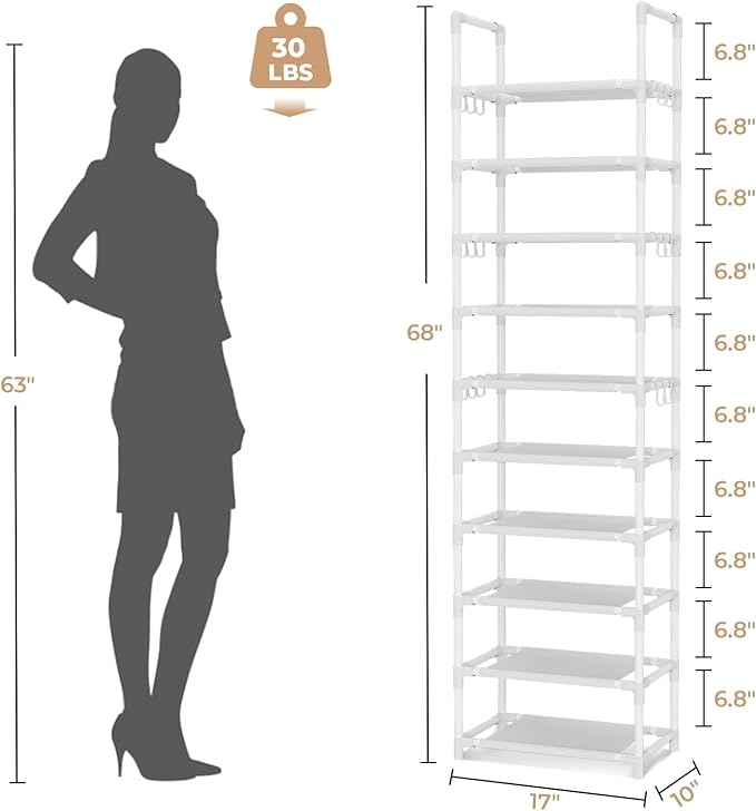 VTRIN 10 Tiers Tall Shoe Rack Holds 20-25 Pairs of Shoes Sturdy Vertical Shoe