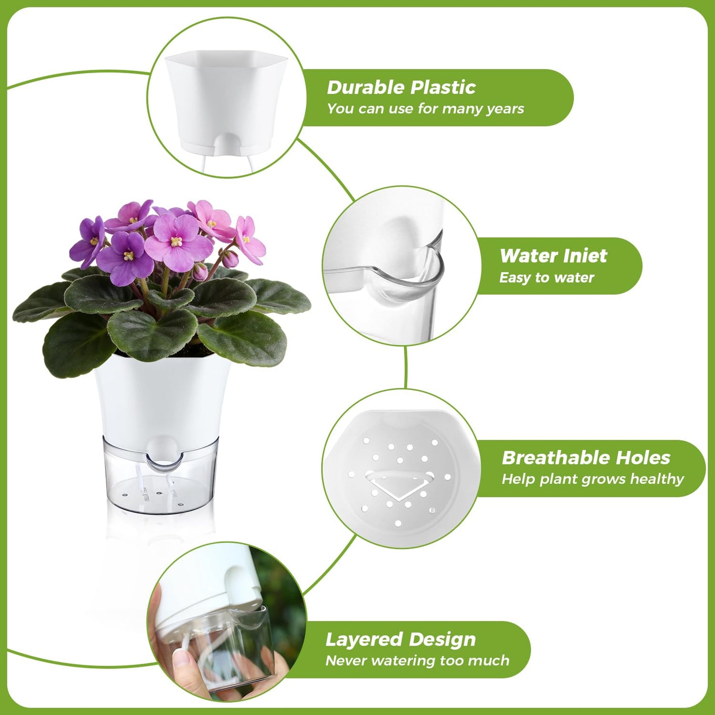 Planterhoma 6-Pack 4.3" Self-Watering Planters, Clear and White, Indoor Use, Hexagonal Plant Pots for Orchids, Herbs, African Violet, Home Decor