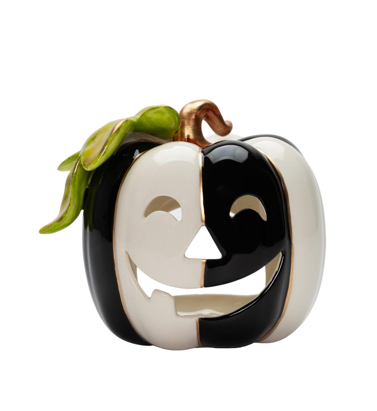Cosmos Gifts 21093 Fine Ceramic White and Black Pumpkin Shaped Tealight Holder 4 1/4" H