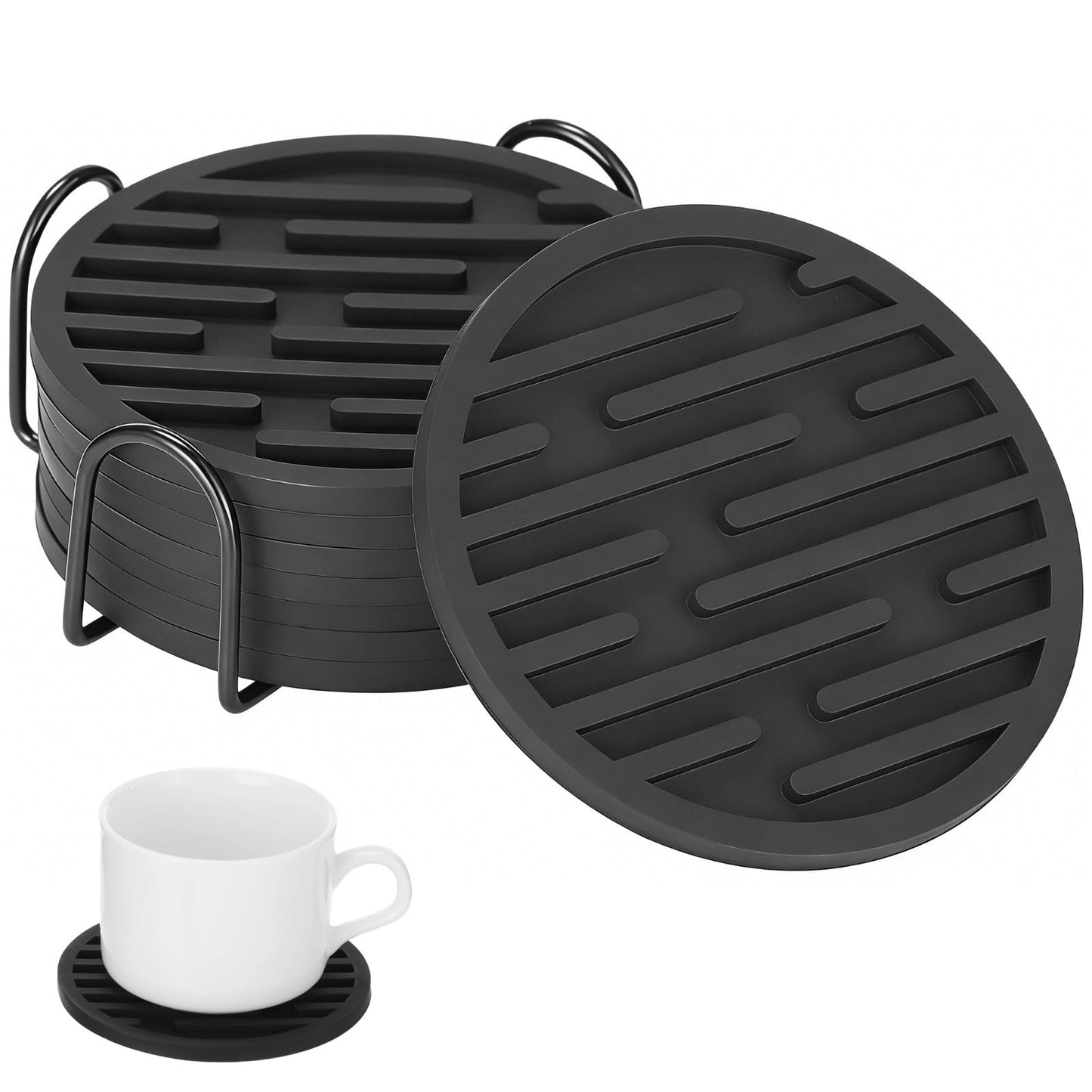 8 Pcs Black Silicone Coasters Set with Storage Holder, 3.9 in Round Modern Groove Pattern Drink Mats, Thick Non-Slip Coasters for Home Office Tabletop Protection
