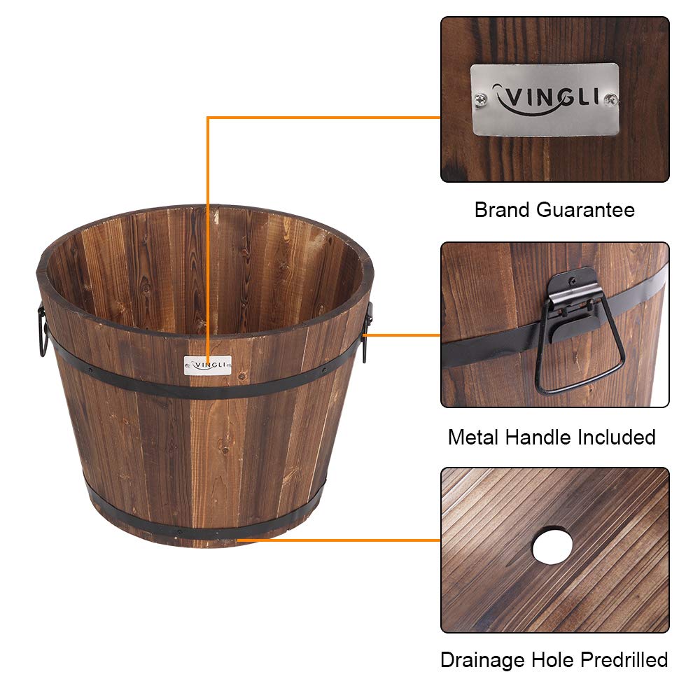 VINGLI 3 PCS Large Wooden Planter Barrel Set, 11.5"(Dia)- 18"(Dia) Real Wood Indoor/Outdoor Flower Pot w/Drainage Holes, Different Sizes, Large Garden Container Box