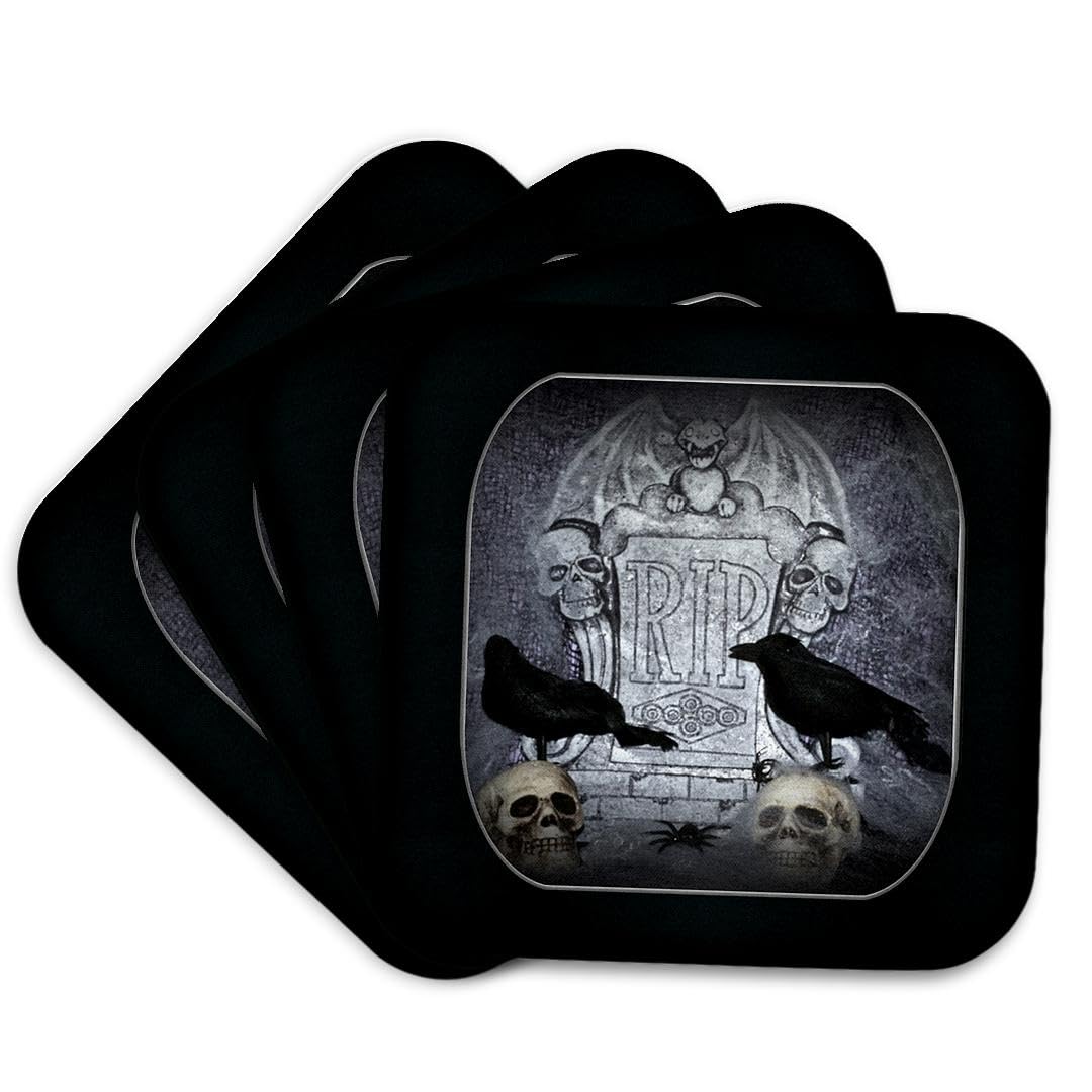WhiteOak RIP with Crow Halloween Skull Design Coaster, Set of 4