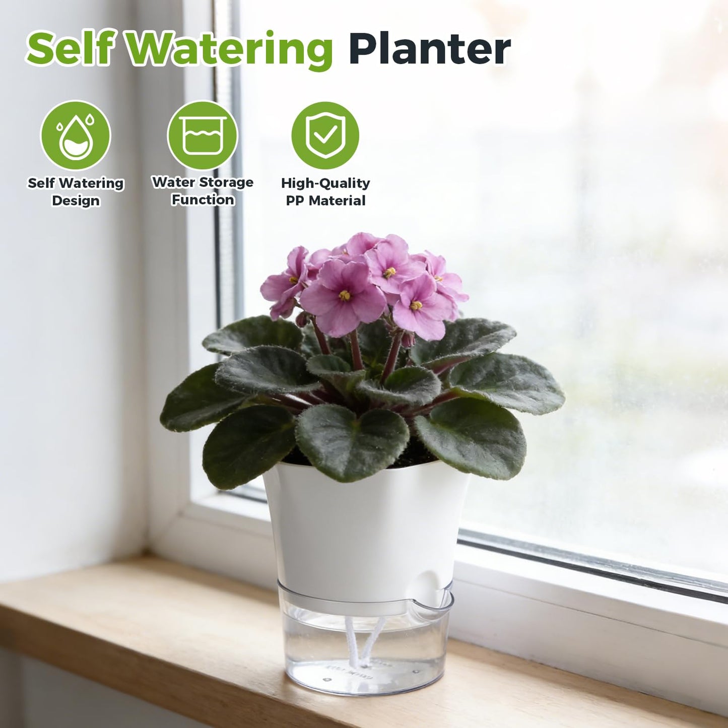 Planterhoma 6-Pack 4.3" Self-Watering Planters, Clear and White, Indoor Use, Hexagonal Plant Pots for Orchids, Herbs, African Violet, Home Decor