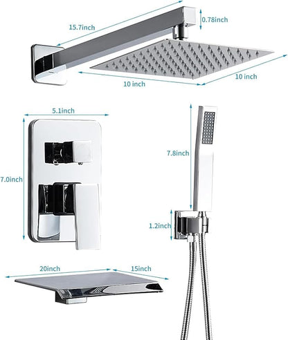 Chrome Shower Faucet Set with Tub Spout 10 Inch, Shower Head and Handle Set with 2 Hooks, Tub and Shower Faucet Combo, Rain Shower and Handheld Shower System Square Wall Mount for Bathroom