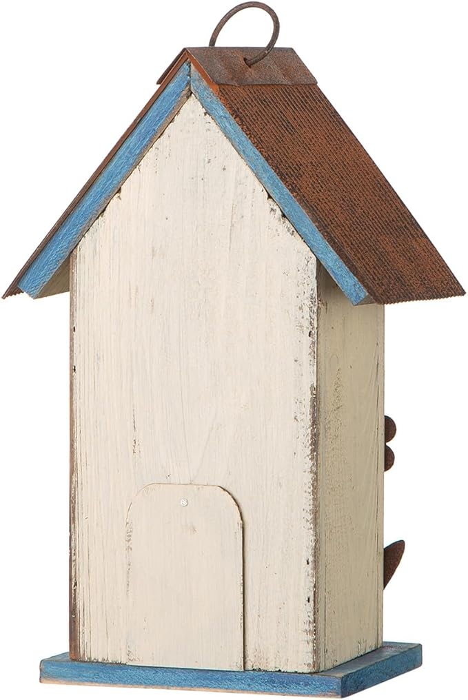 Glitzhome Hanging Bird House for Outdoor,10.2" H Patio Garden Decorative Birdhouse Pet Cottage Wooden Distressed Birdhouse with 3D Flowers for Bluebird,Hummingbird,Sparrow,Wren Finch, Washed White