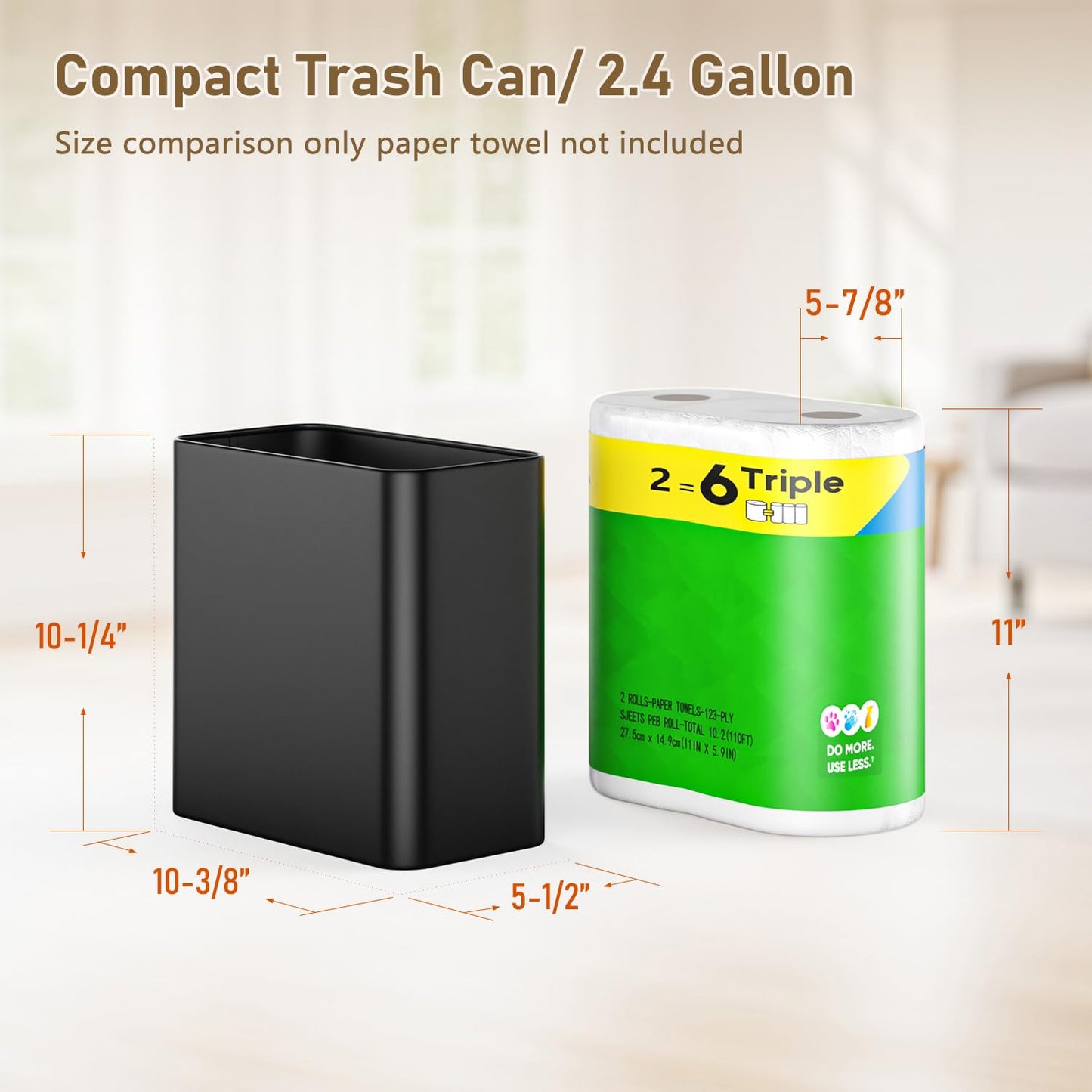Veelesa Small Bathroom Trash Can 2.4 Gallon Wastebasket, Slim Metal Garbage Can Matte Black Stainless Steel Trash Bin for Bedroom,Office,Kitchen,Toilet, rv, Near Desk, Under Sink