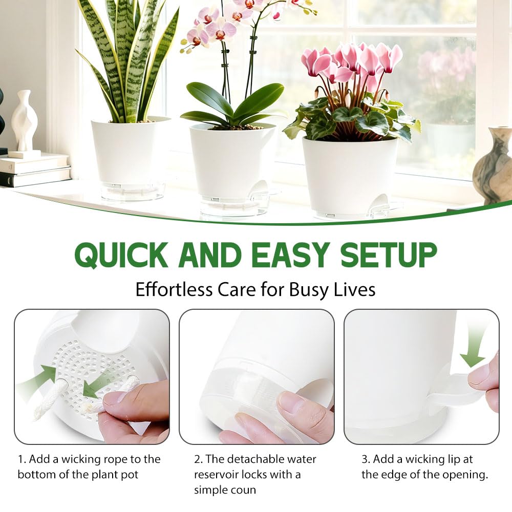 KEETUMOOD Self Watering Pots for Plants, 2026 New Flower Plant Pots with Drainage Holes, Wicking and Clear Reservoirs for Succulent, Aloe, Cacti and Others - 6 Pack (White, 6")