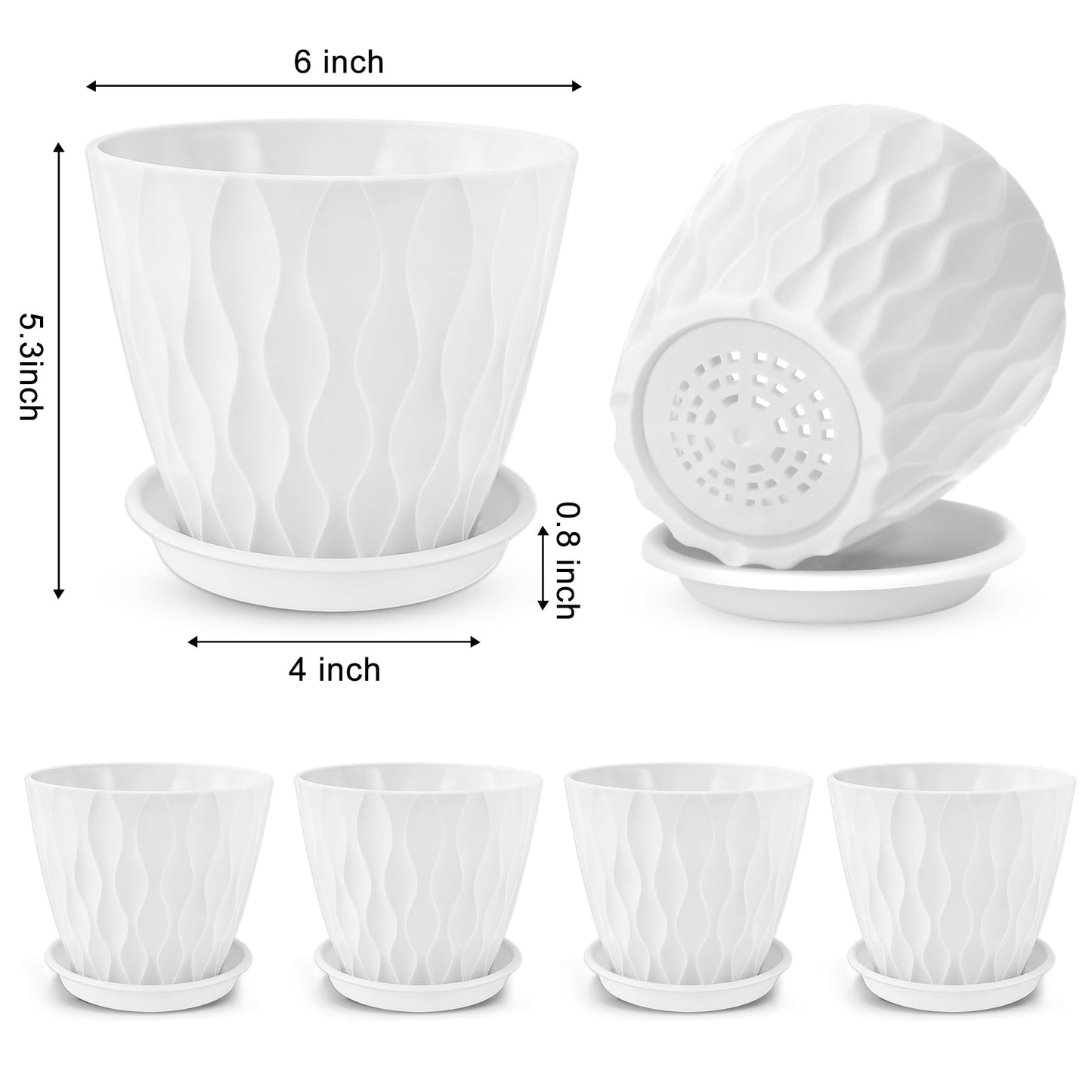 YNNICO 6 inch Plant Pots, 6 Pack Flower Pots Outdoor Indoor, Planters with Drainage Hole and Tray Saucer-White