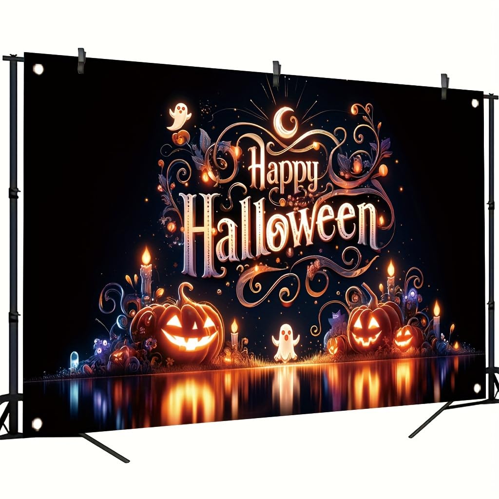 Tomhong Halloween Pumpkin Ghost Light 71x43 Inch Large Party BannerSpooky Jack O Lantern Haunted House Wall Hanging for Trick or Treat Night Indoor OutdoorHoliday Decoration