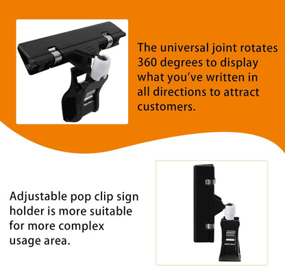 8 Pack Rotating Clip Pop Swivel Sign Rotatable Holding Clamp Sign Holder, Plastic Merchandise Sign Display Clip Holder with 2 Chalk Markers for Food, Store Signs Displays, black