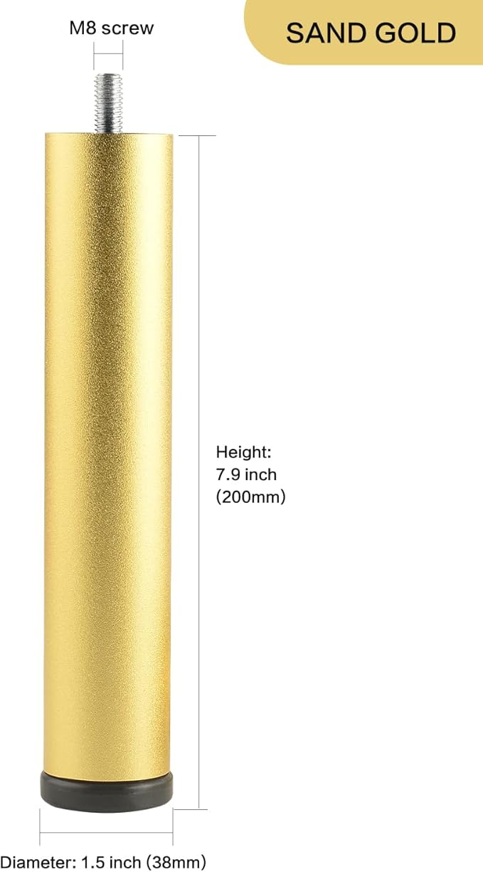 4 Pack 8 Inch Gold Furniture Legs Metal Adjustable Risers Cylinder Screw in M8