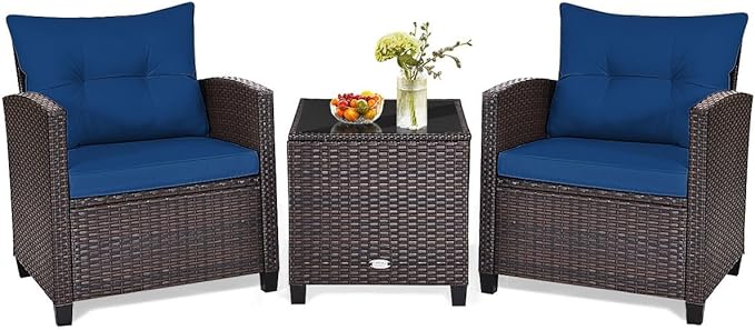 HAPPYGRILL 3 Pieces Patio Conversation Set, Outdoor Furniture Set PE Rattan