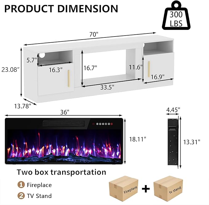 PRETZI Fireplace TV Stand with 36" Fireplace Up to 80" TVs, Remote Control