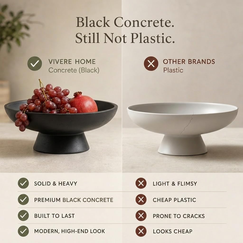 12" Concrete Fruit bowl for Kitchen Counter, Coffee Table Decor, Decorative Key Bowl, Home Décor Accents, Kitchen Counter Decor Black