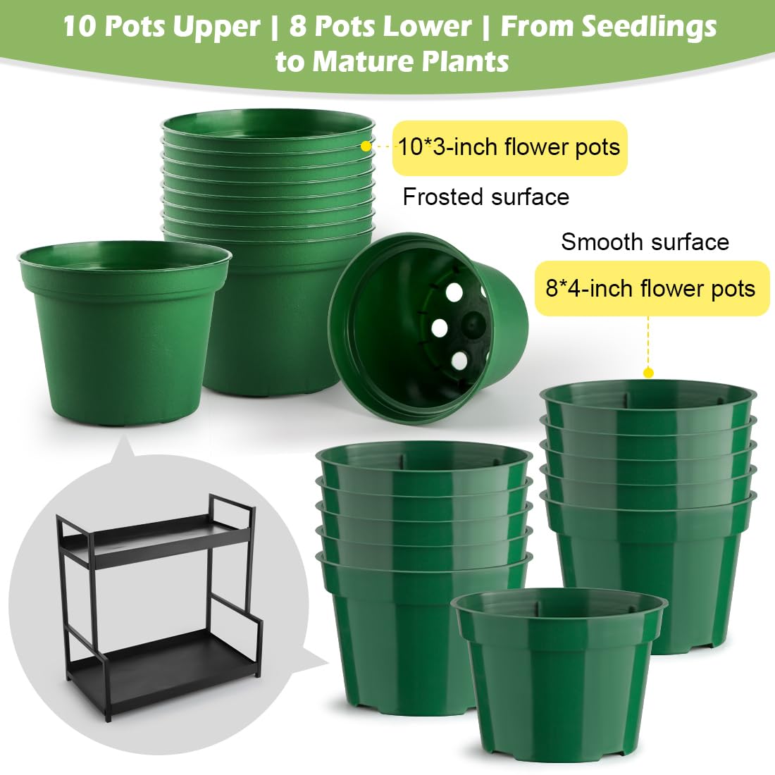 RooTrimmer 2-Pack Dual Tier Plant Stand with Grow Light and Green Plastic Nursery Pots for Plants, Indoor Gardening Kit for Herbs, Succulents, Seedlings & Small Plants Gardening Gifts