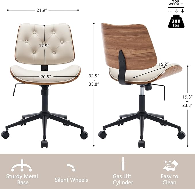 Armless Home Office Chair with Wheels, PU Leather Adjustable Height Computer