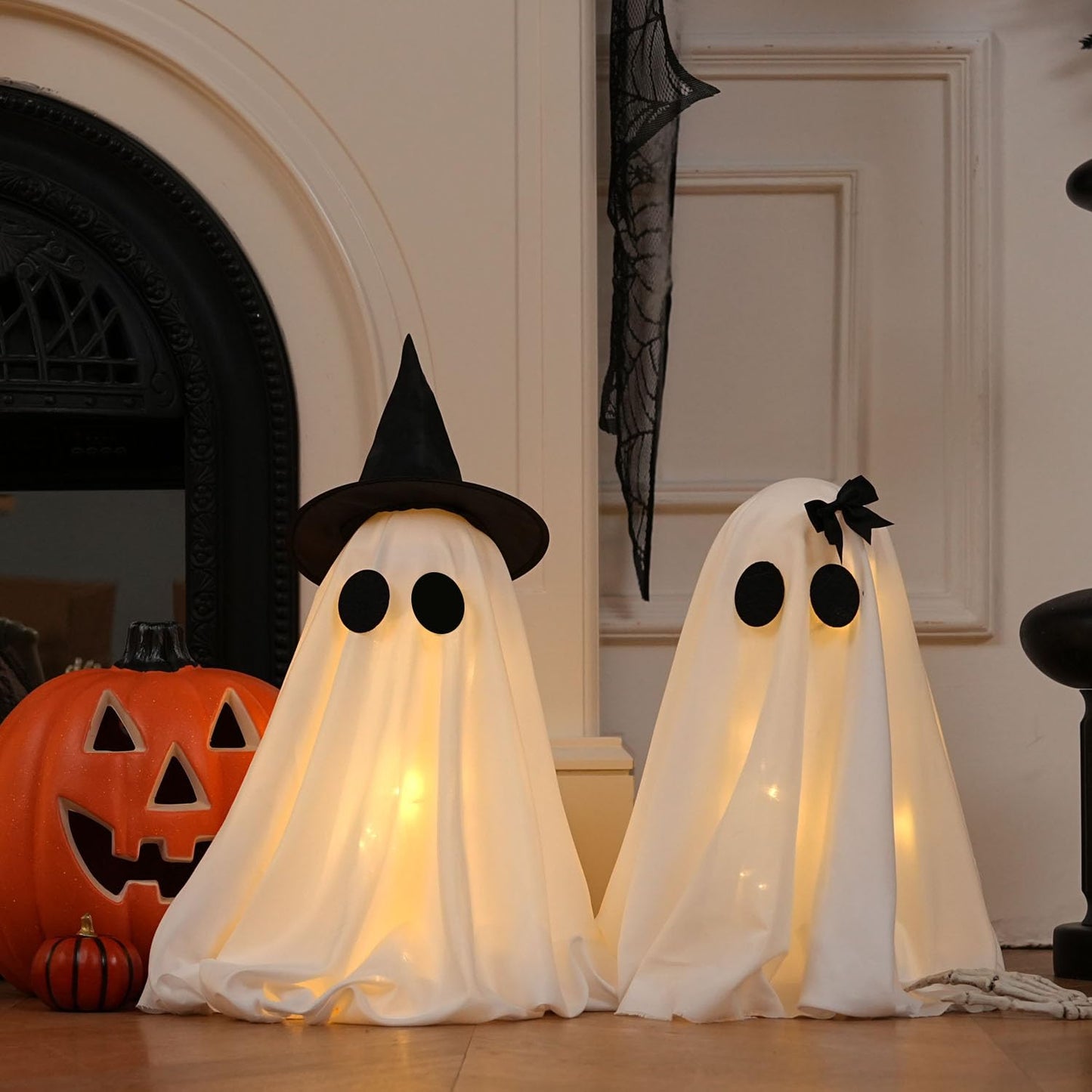 KIWDY [Timer] Light Up Halloween Scary Ghost Decorations, Set of 2 DIY Spooky Crafts for Indoor Home Mantel Shelf & Tabletop Decor White